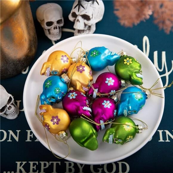 12 Pcs Day of the Dead Sugar Skull Glass Ornaments Halloween Tree Decorations - Picture 6 of 7